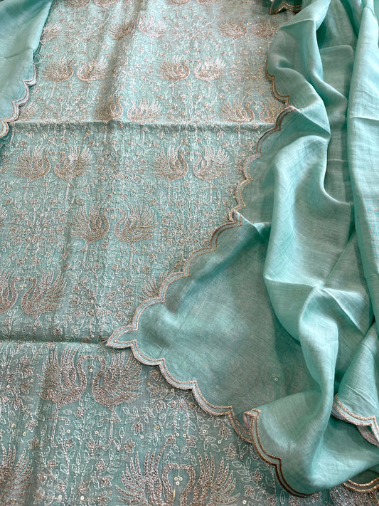 Aqua Suit Set with Gold Thread Embroidery in Pure Mul - Masakalee