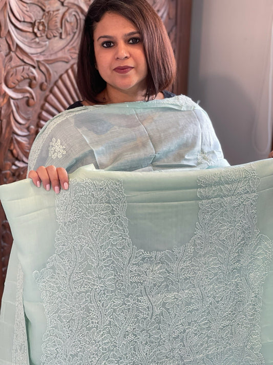 Aqua Suit Set with Lucknowi Handwork in Pure Tussar Silk - Masakalee