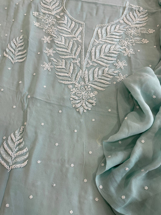 Aqua Suit Set with Pearl and Thread Handwork in Georgette - Masakalee