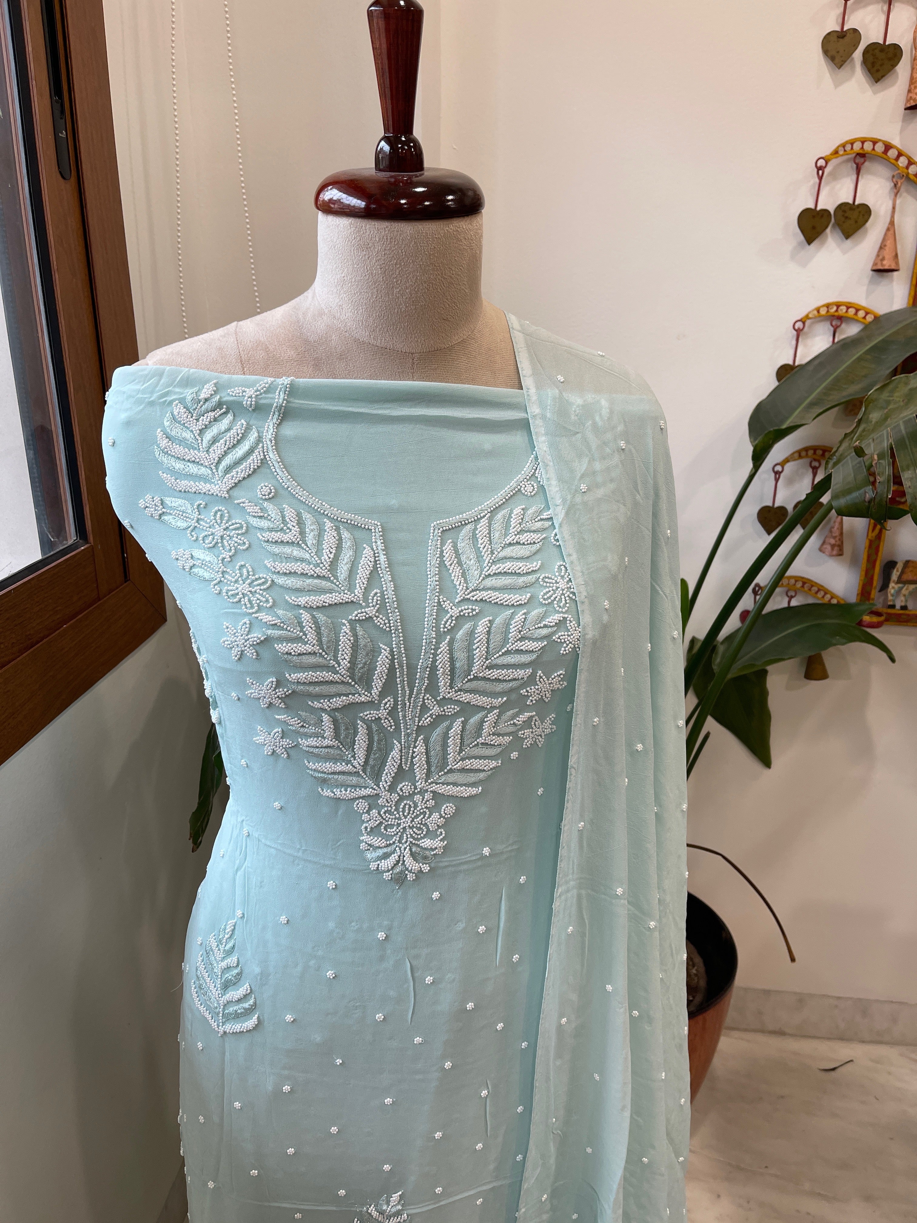 Aqua Suit Set with Pearl and Thread Handwork in Georgette - Masakalee