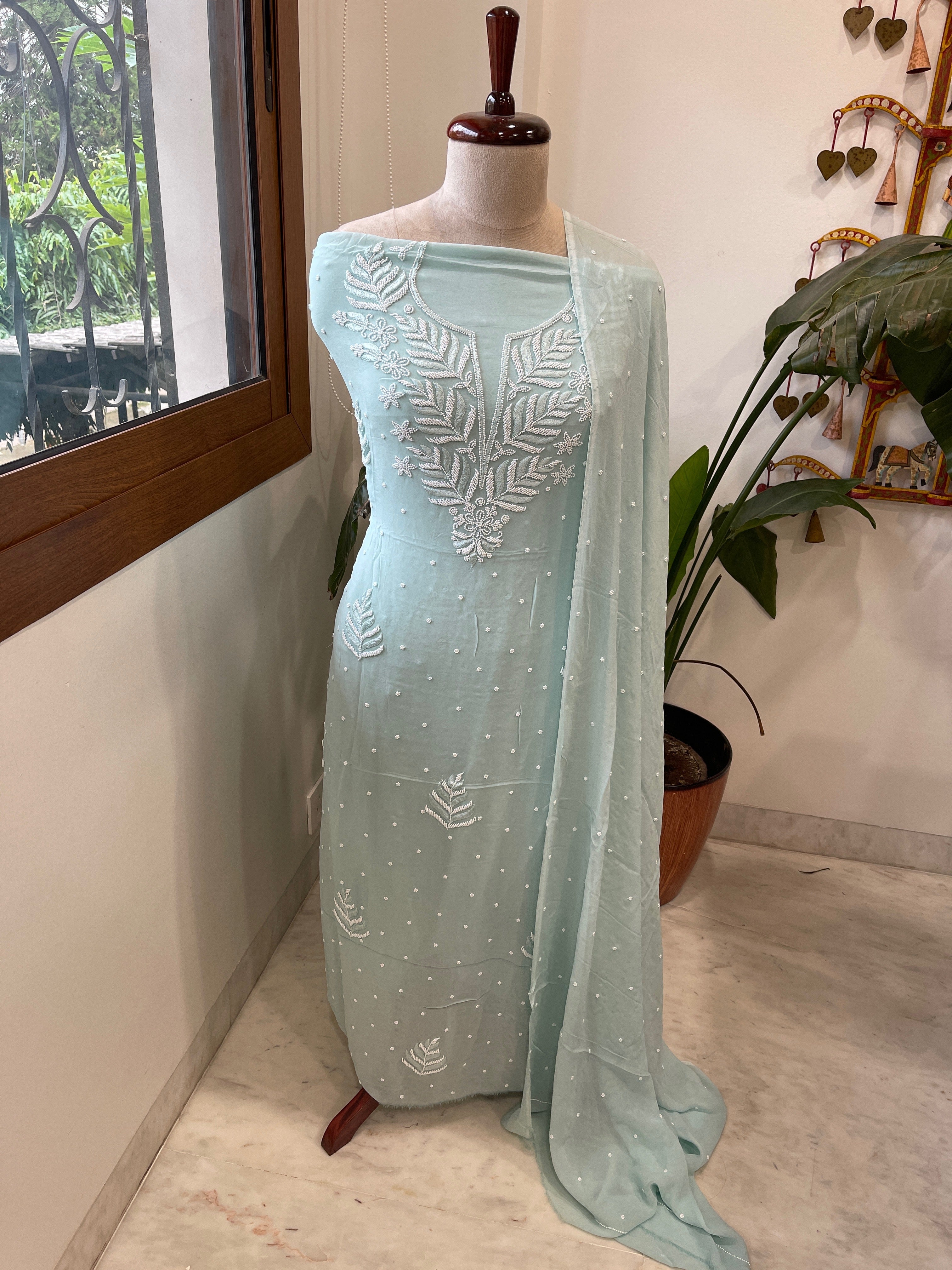 Aqua Suit Set with Pearl and Thread Handwork in Georgette - Masakalee