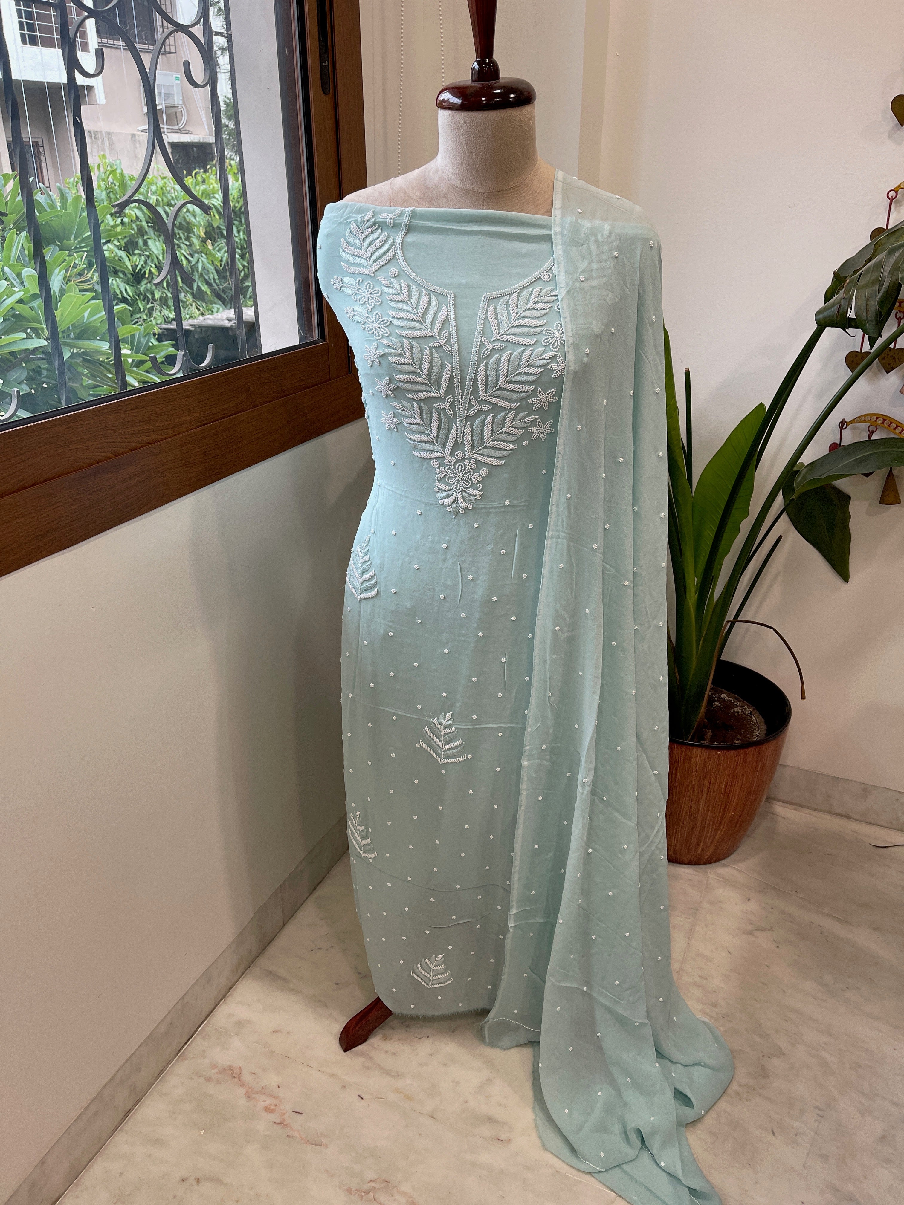 Aqua Suit Set with Pearl and Thread Handwork in Georgette - Masakalee