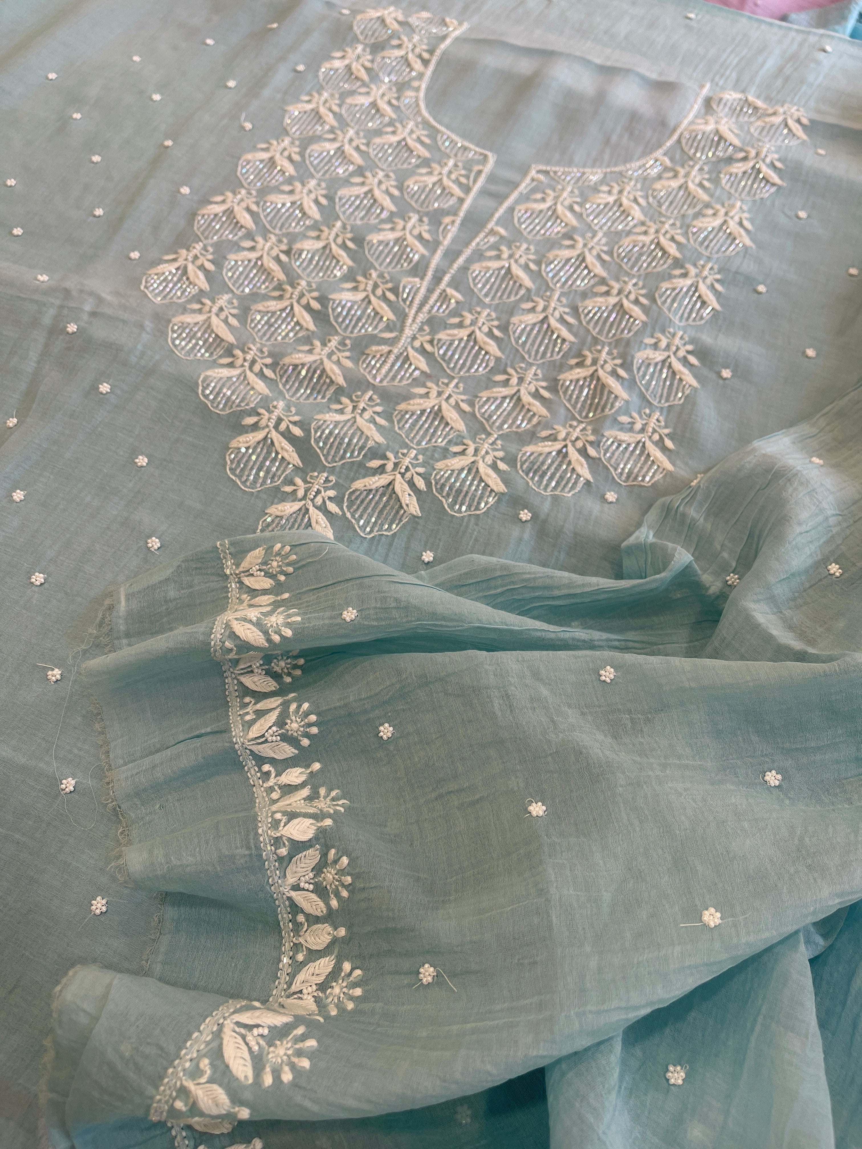 Aqua Suit Set with Pearl, Cut Daana and Thread Handwork in Pure Mul Chanderi - Masakalee