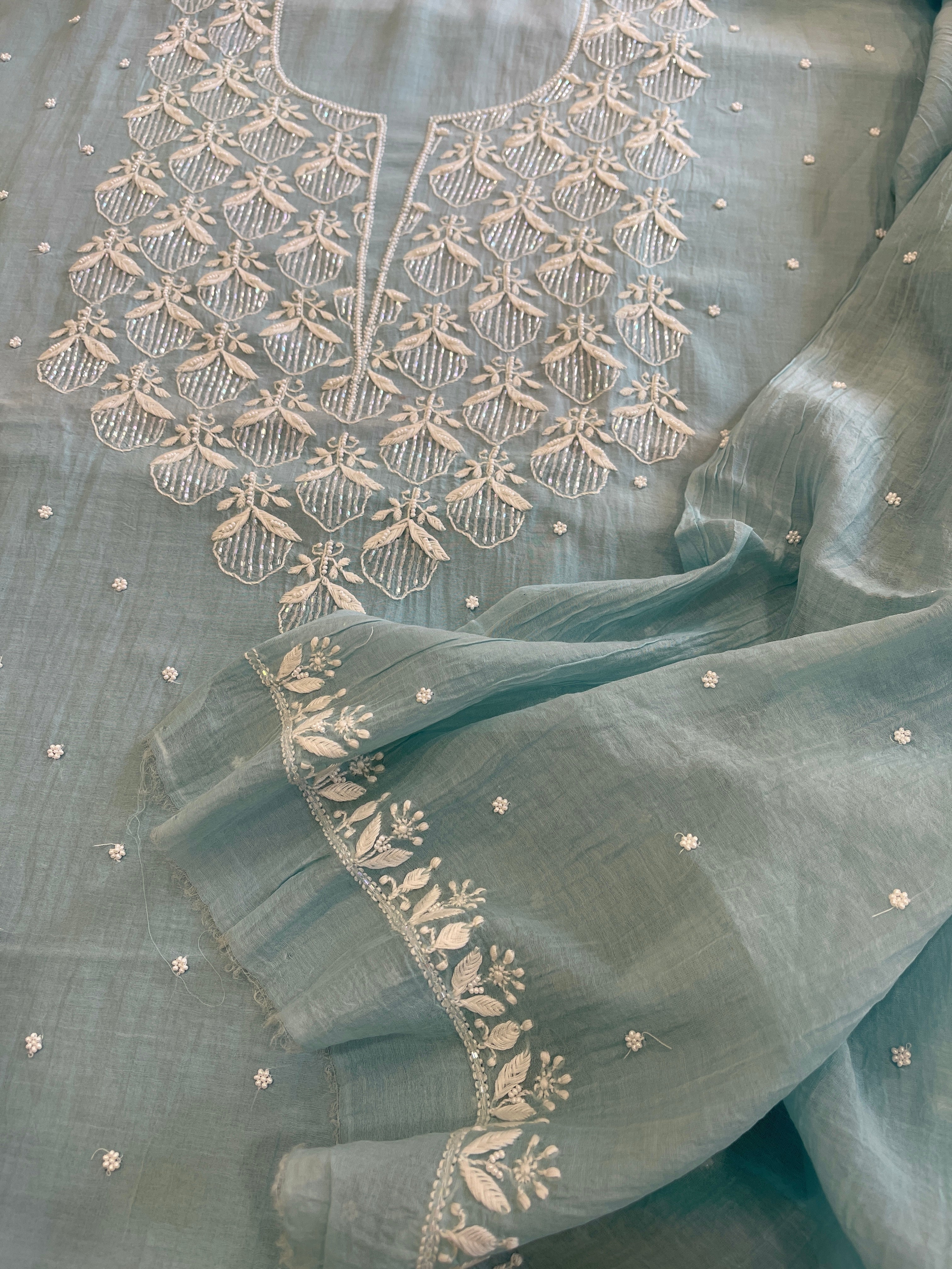Aqua Suit Set with Pearl, Cut Daana and Thread Handwork in Pure Mul Chanderi - Masakalee