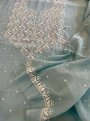 Aqua Suit Set with Pearl, Cut Daana and Thread Handwork in Pure Mul Chanderi - Masakalee