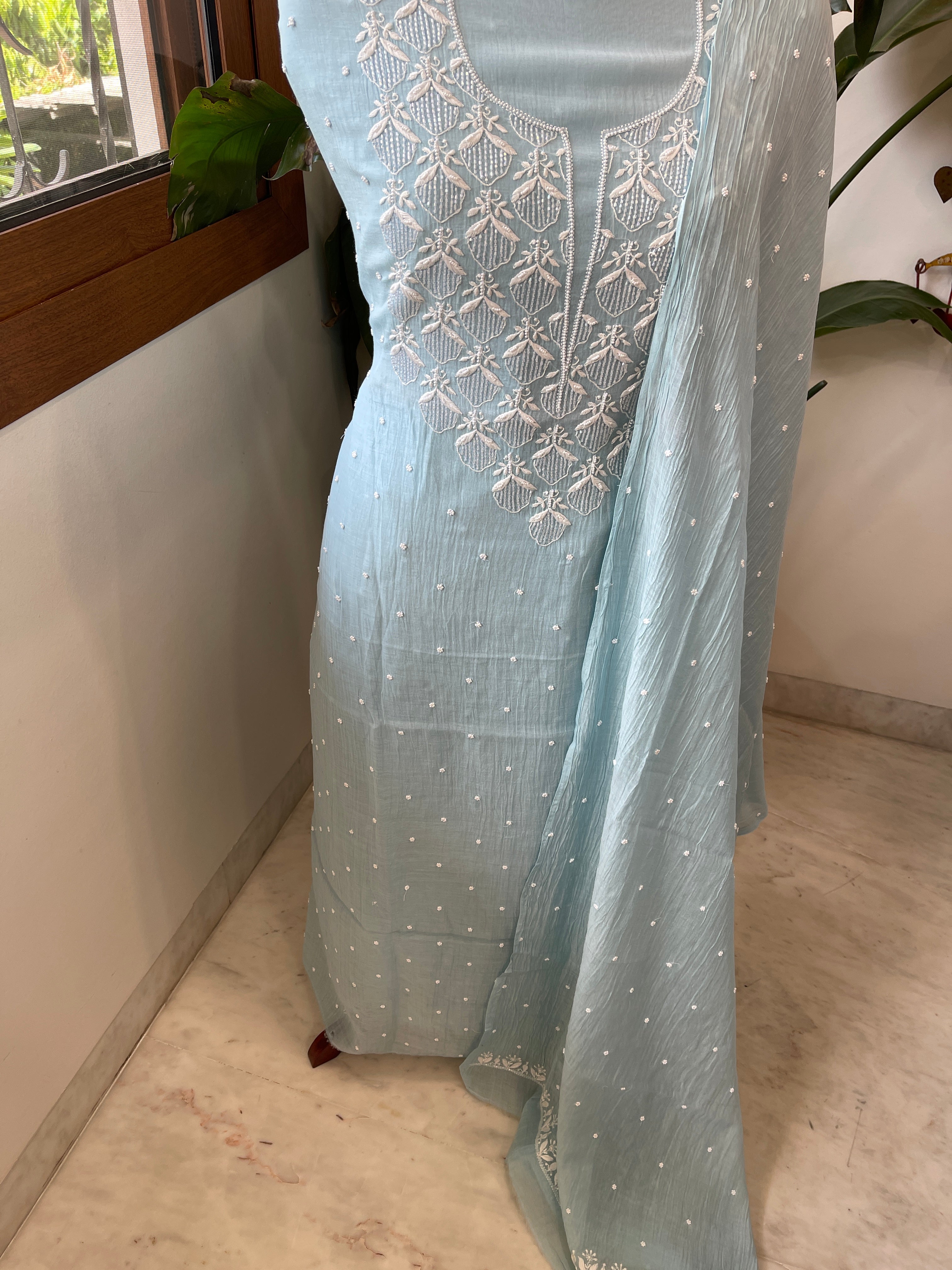 Aqua Suit Set with Pearl, Cut Daana and Thread Handwork in Pure Mul Chanderi - Masakalee