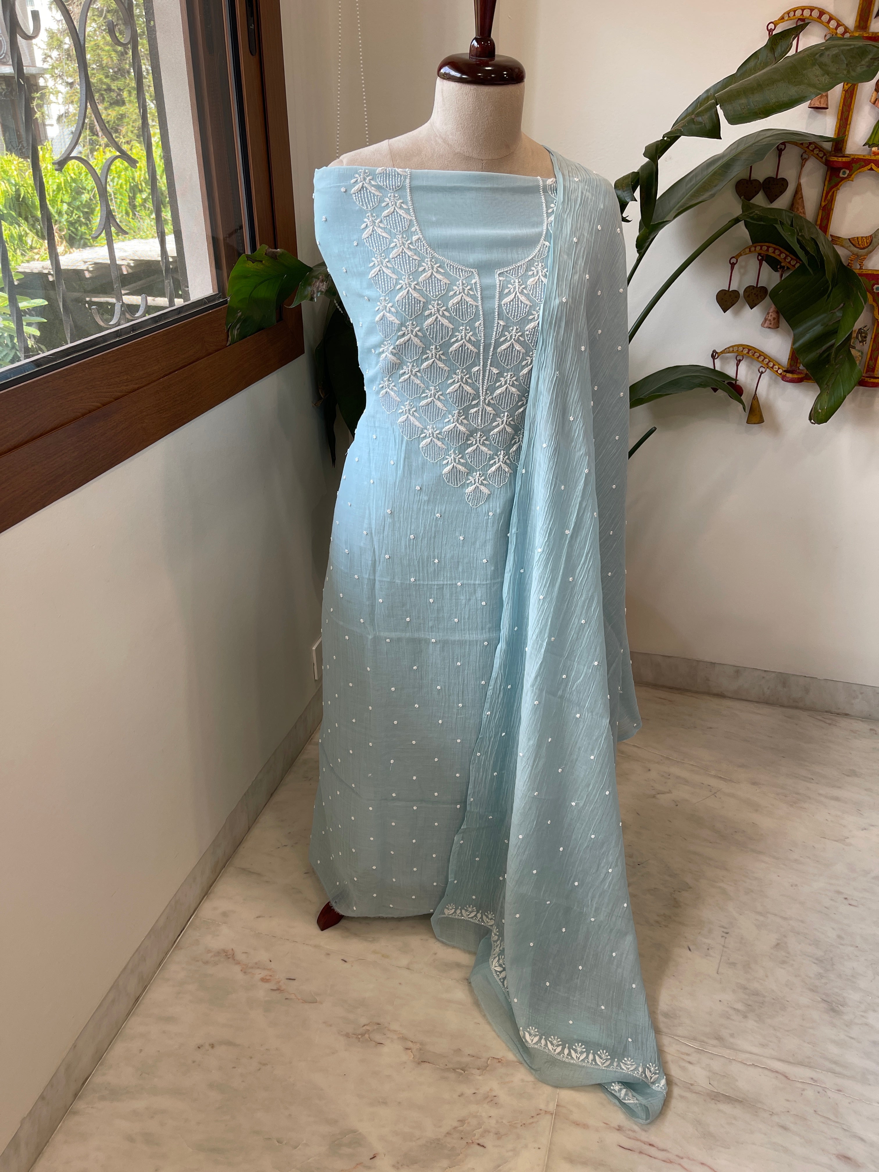 Aqua Suit Set with Pearl, Cut Daana and Thread Handwork in Pure Mul Chanderi - Masakalee