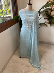 Aqua Suit Set with Pearl, Cut Daana and Thread Handwork in Pure Mul Chanderi - Masakalee