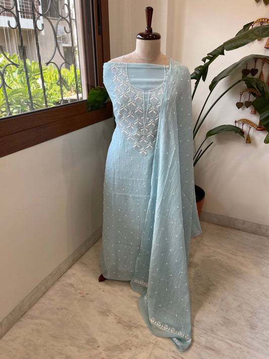 Aqua Suit Set with Pearl, Cut Daana and Thread Handwork in Pure Mul Chanderi - Masakalee