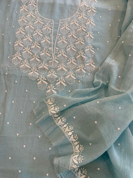 Aqua Suit Set with Pearl, Cut Daana and Thread Handwork in Pure Mul Chanderi - Masakalee