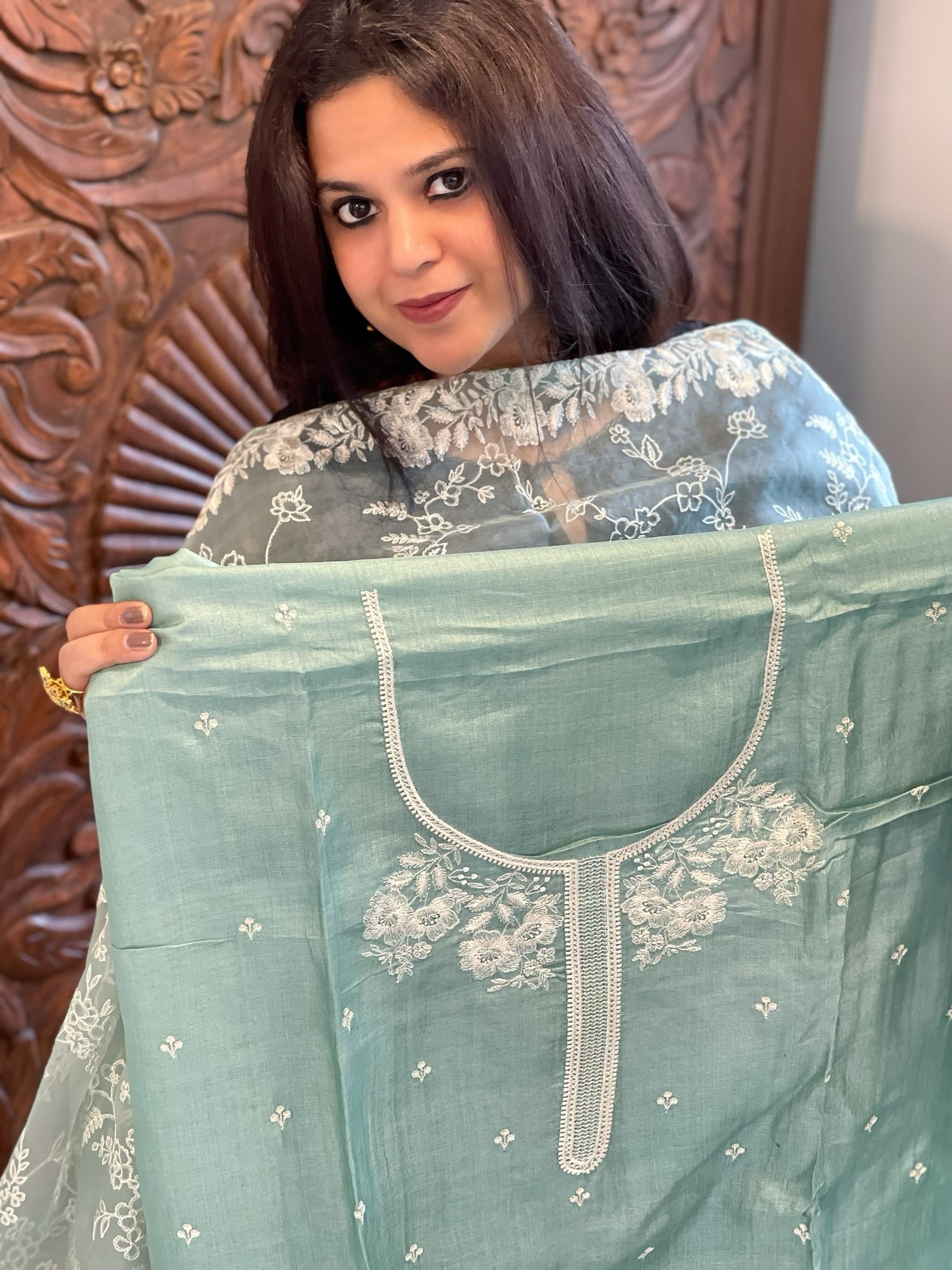 Aqua Suit Set with Thread Embroidery in Pure Tussar Silk - Masakalee