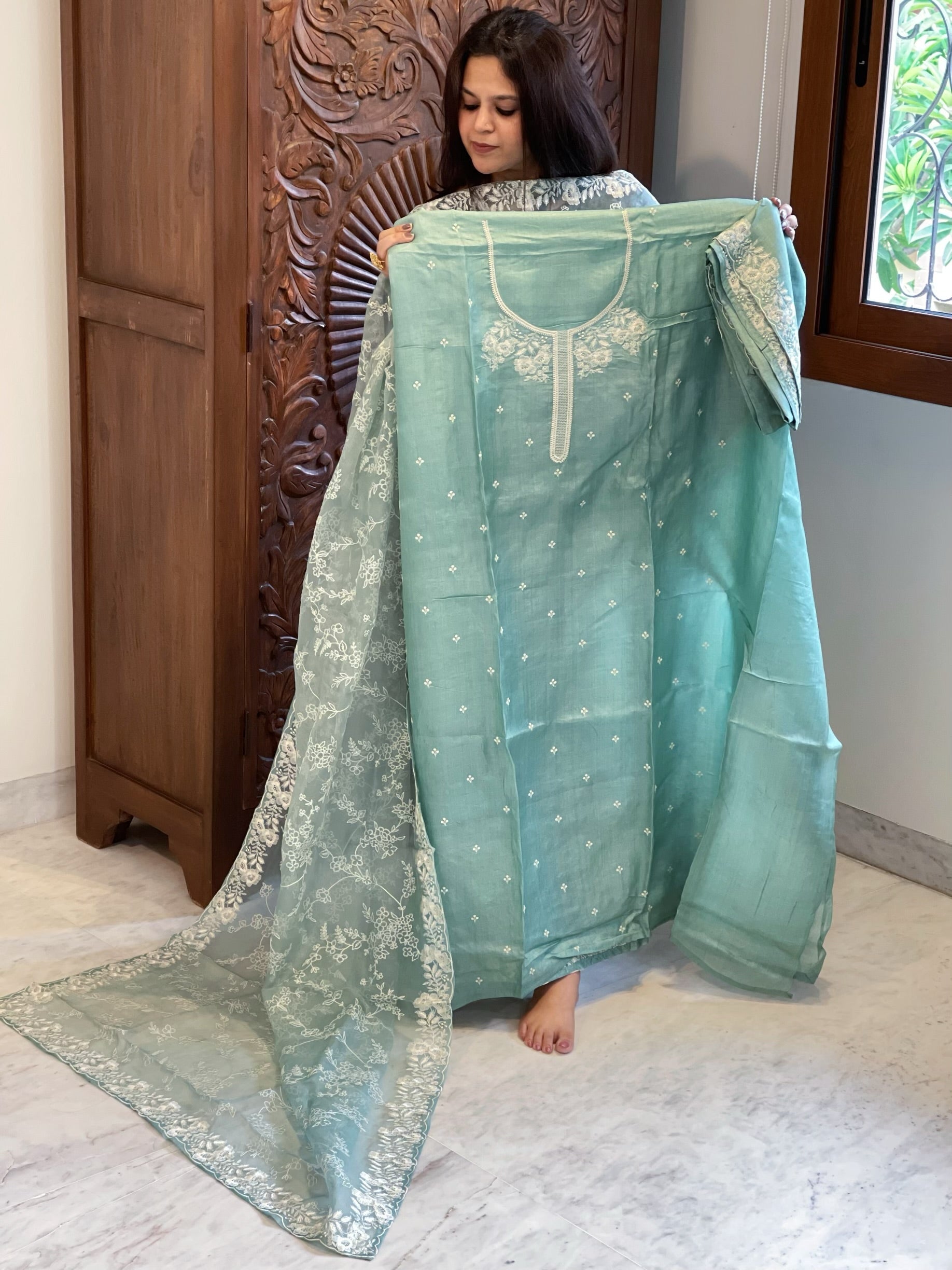 Aqua Suit Set with Thread Embroidery in Pure Tussar Silk - Masakalee
