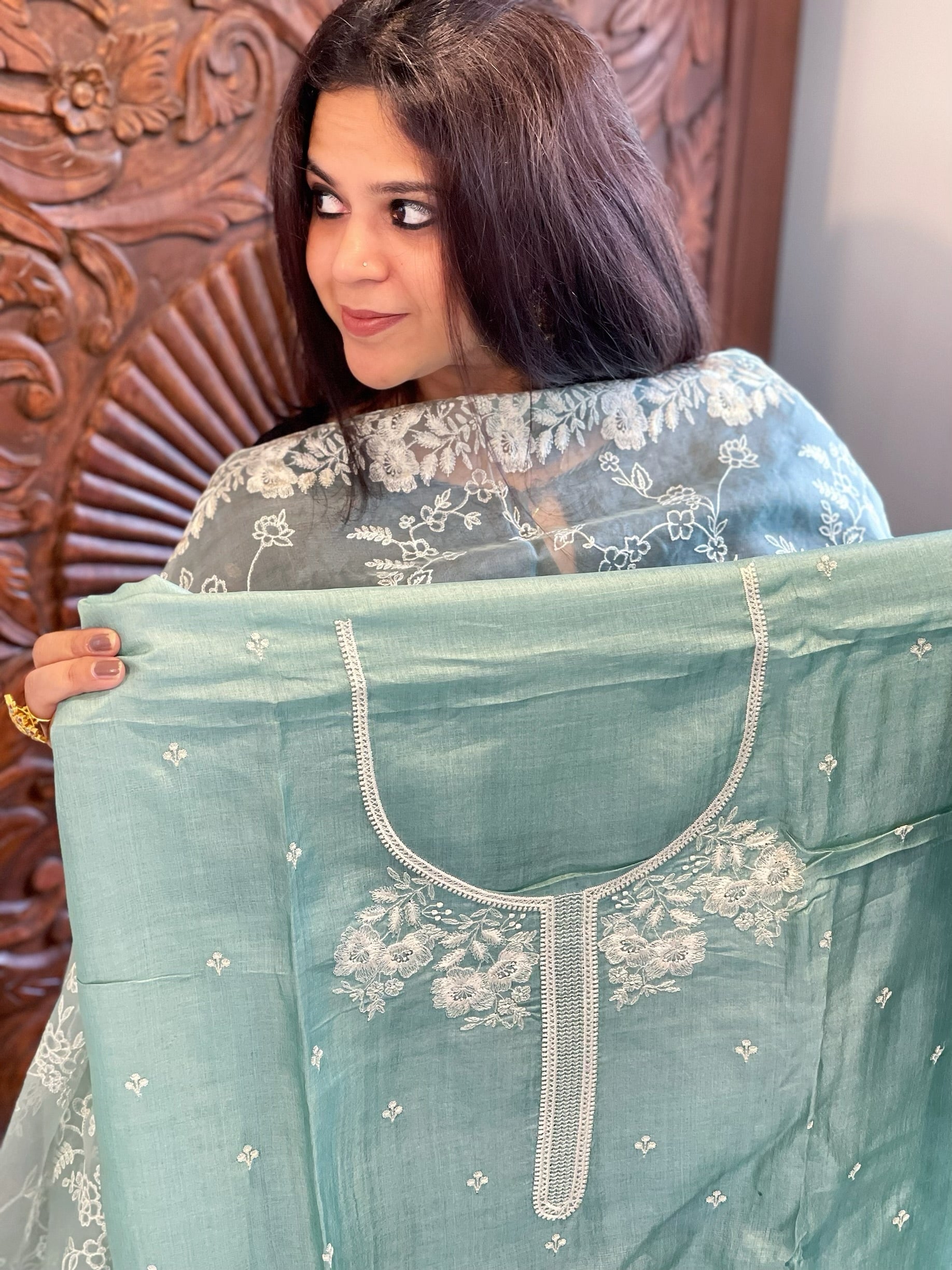 Aqua Suit Set with Thread Embroidery in Pure Tussar Silk - Masakalee