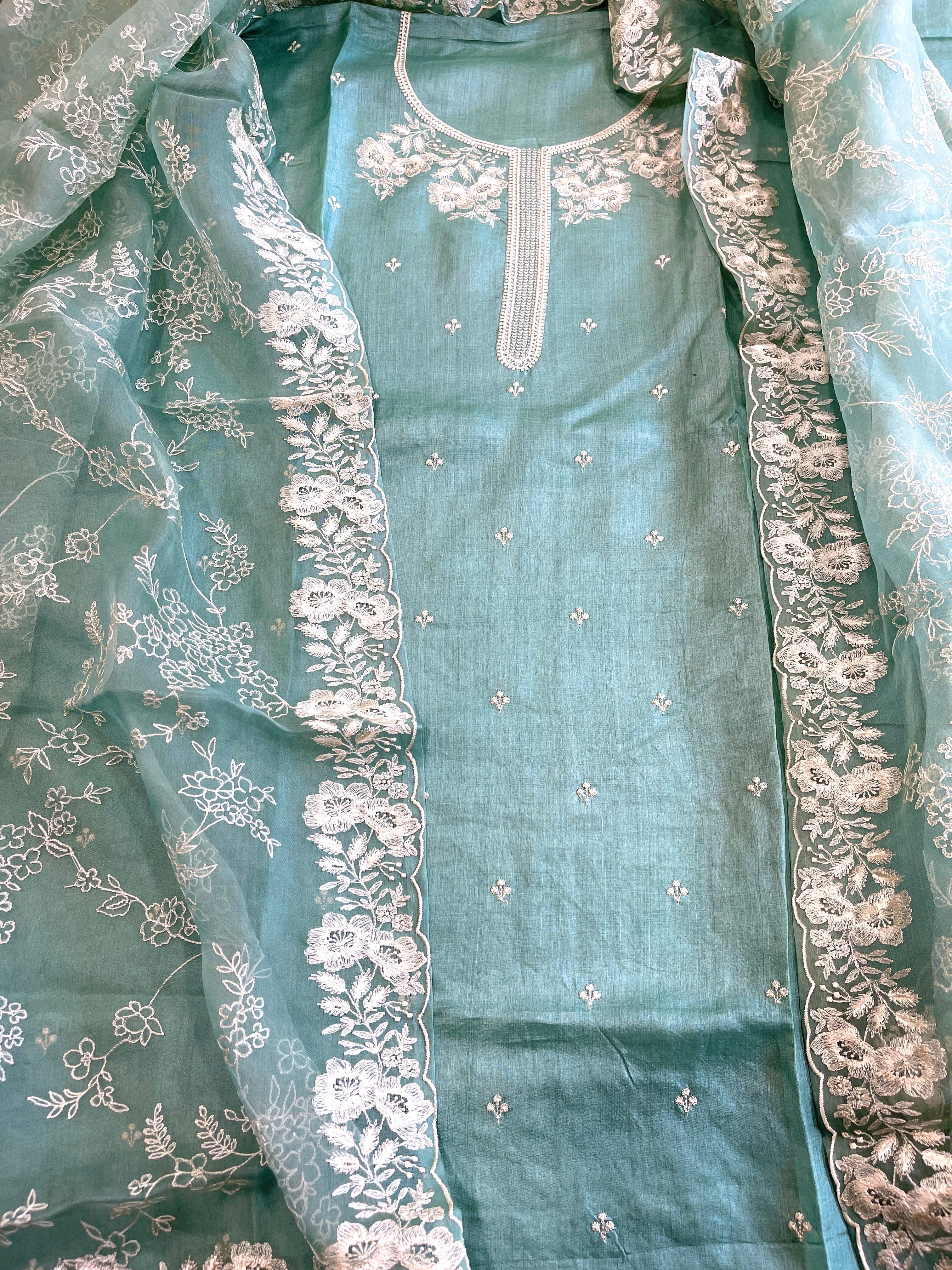 Aqua Suit Set with Thread Embroidery in Pure Tussar Silk - Masakalee