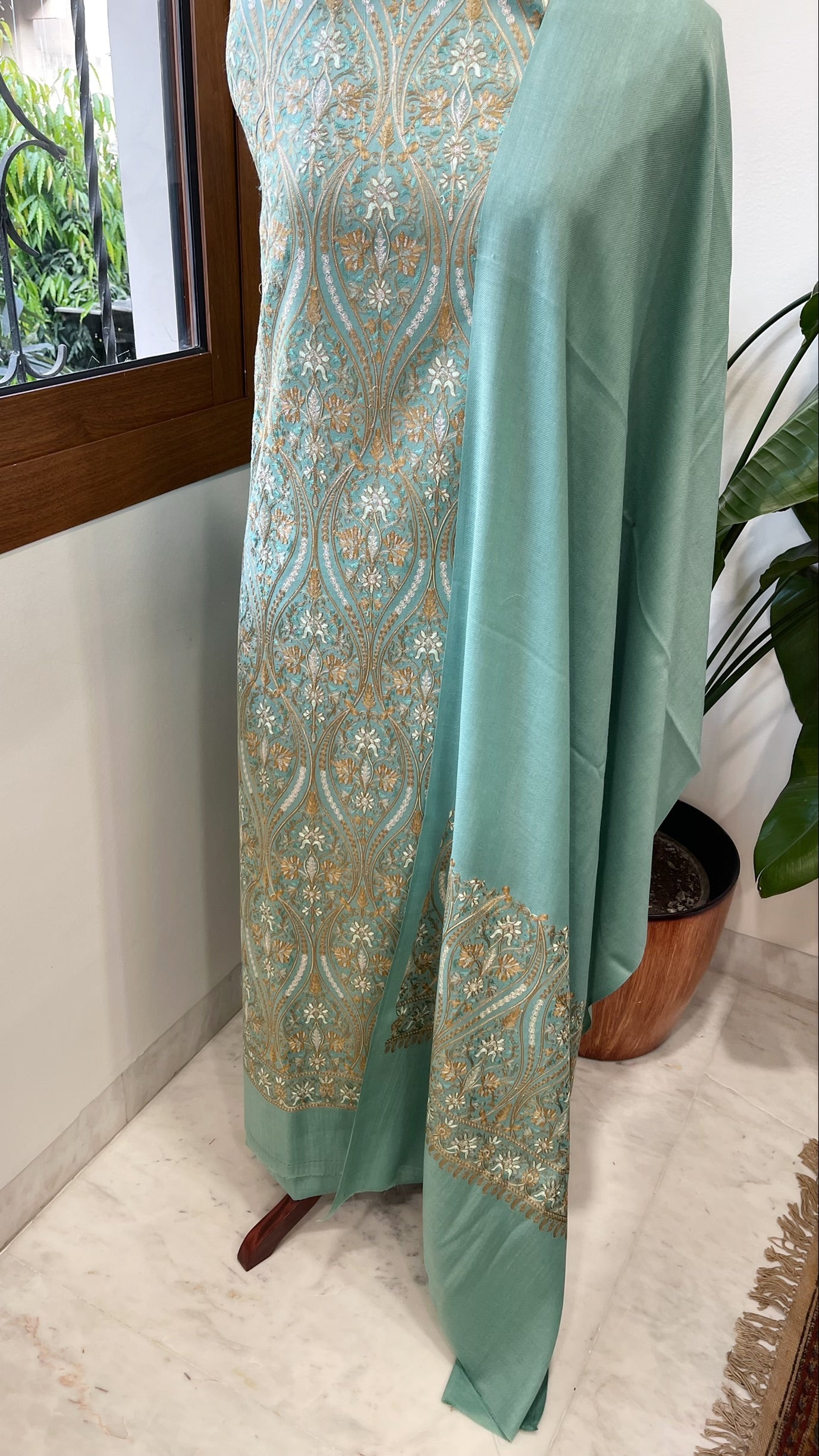 Aqua Winter Suit Set with Aari Work in Pashmina Wool - Masakalee
