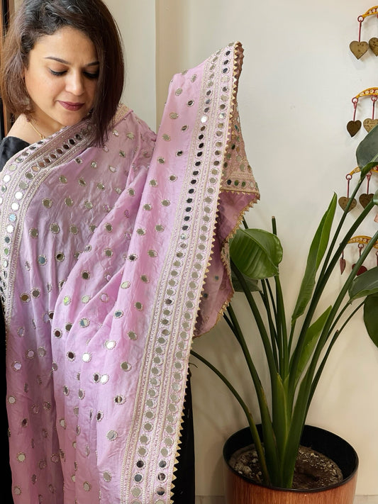 Baby Pink Crepe Dupatta with Mirror and Cut Daana Work with Gota Lace Border - Masakalee