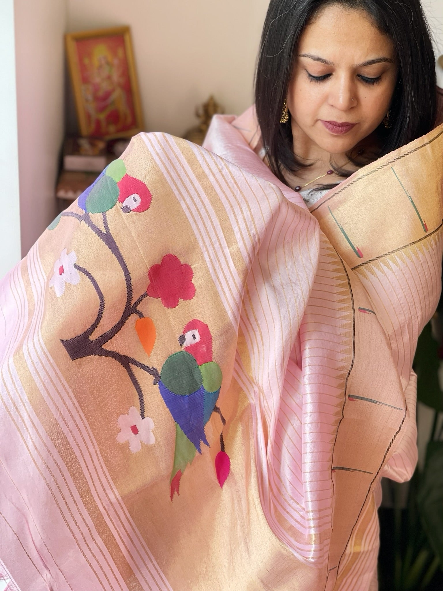 Baby Pink Handwoven Paithani Dupatta in Pure Silk - Masakalee