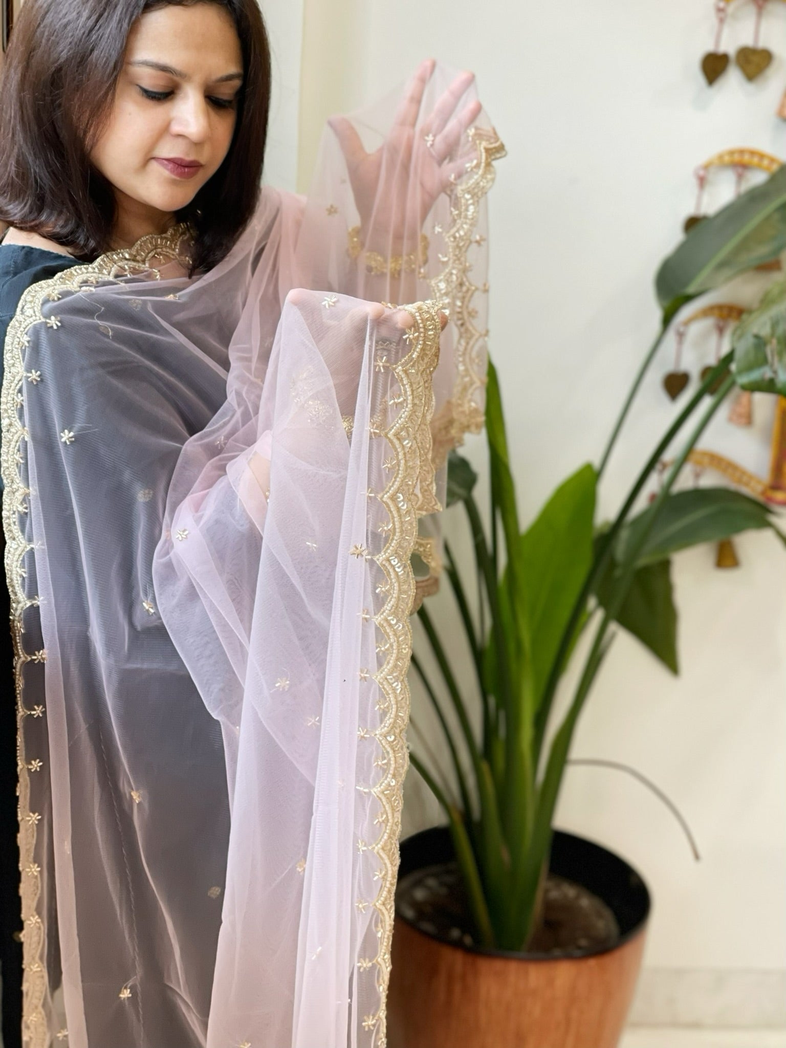 Baby Pink Net Dupatta with Pearl, Sequin and Cut Daana Embroidery - Masakalee