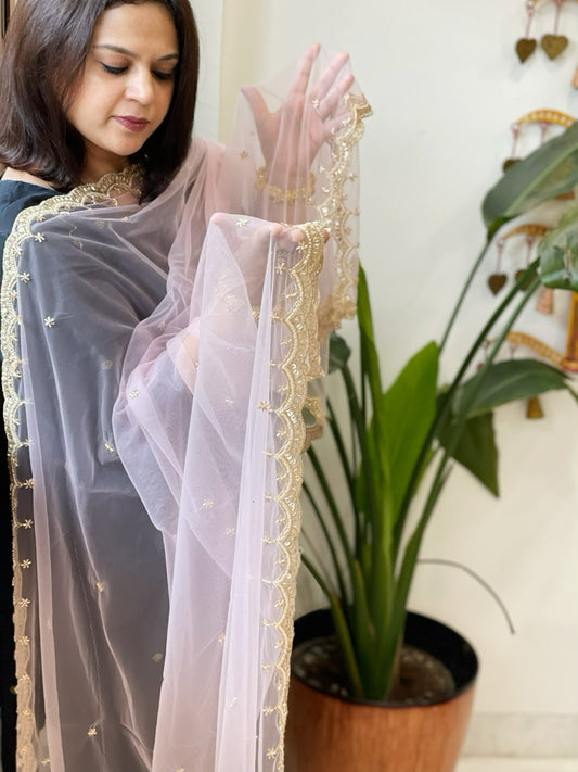 Baby Pink Net Dupatta with Pearl, Sequin and Cut Daana Embroidery - Masakalee