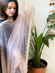 Baby Pink Net Dupatta with Pearl, Sequin and Cut Daana Embroidery - Masakalee