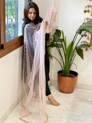 Baby Pink Net Dupatta with Pearl, Sequin and Cut Daana Embroidery - Masakalee