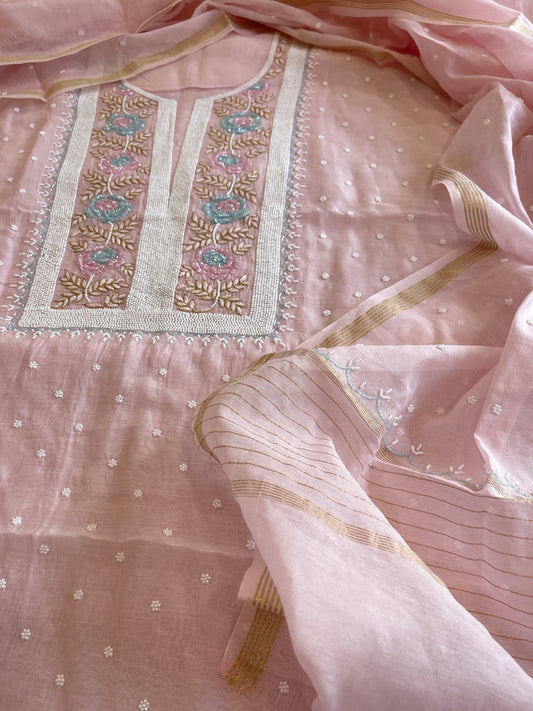 Baby Pink Suit Set with Pearl, Cut Daana and Thread Handwork in Pure Mul Chanderi - Masakalee
