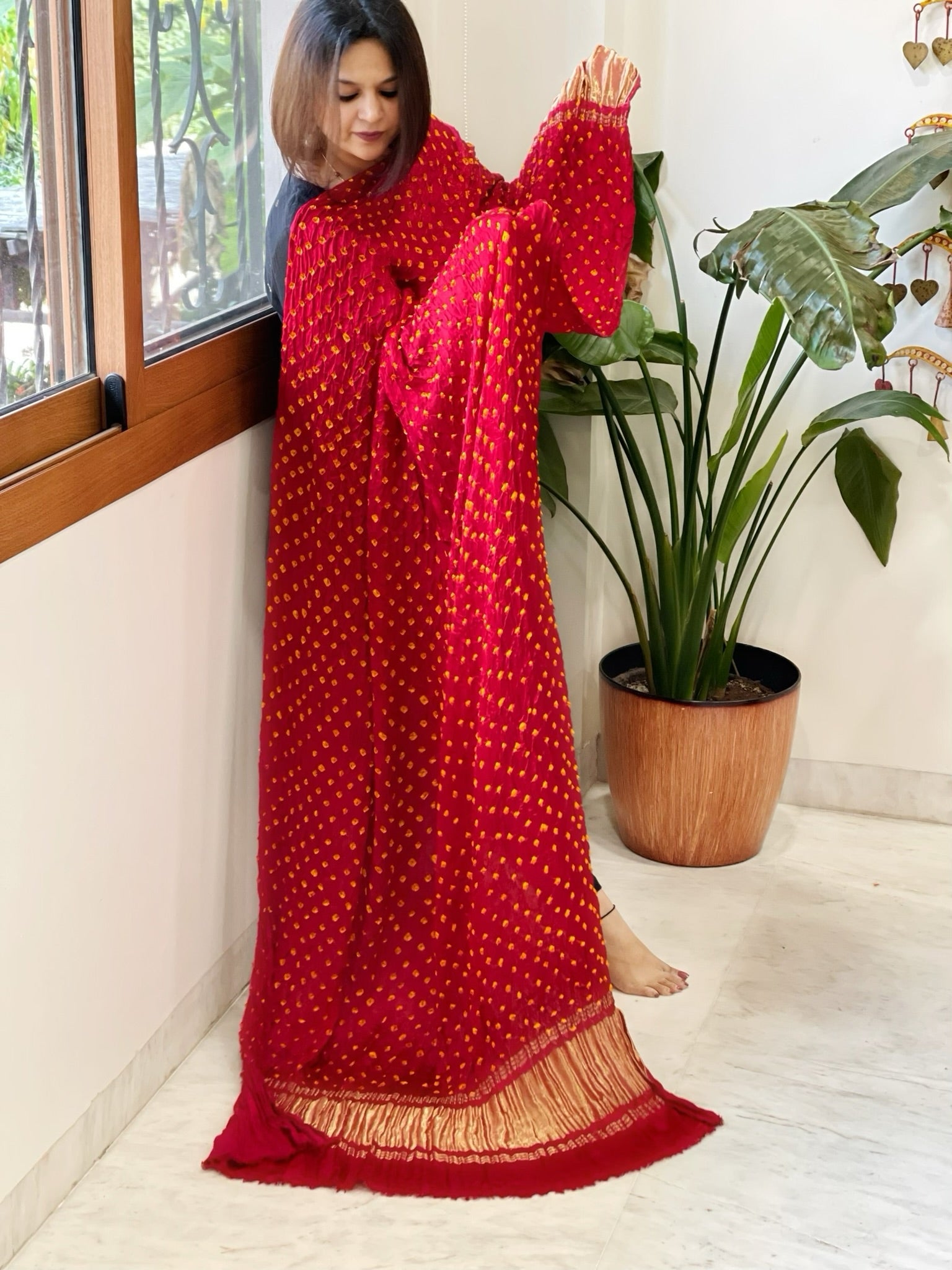 Bandhani Dupatta with Zari Pallu in Modal Silk - Masakalee