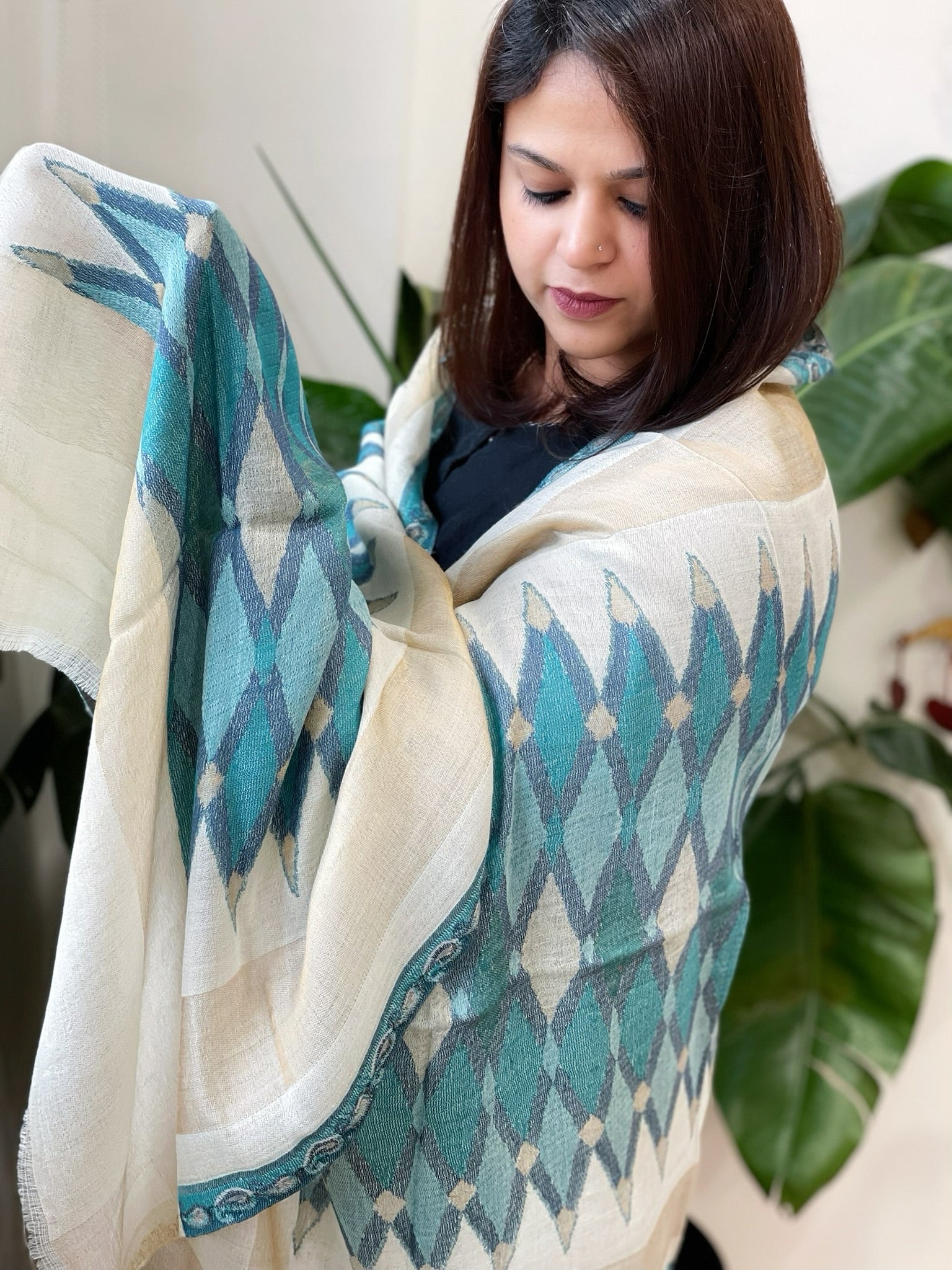 Beige, Blue Woven Ikat Pashmina Stole - Masakalee