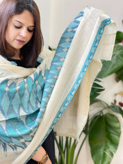 Beige, Blue Woven Ikat Pashmina Stole - Masakalee