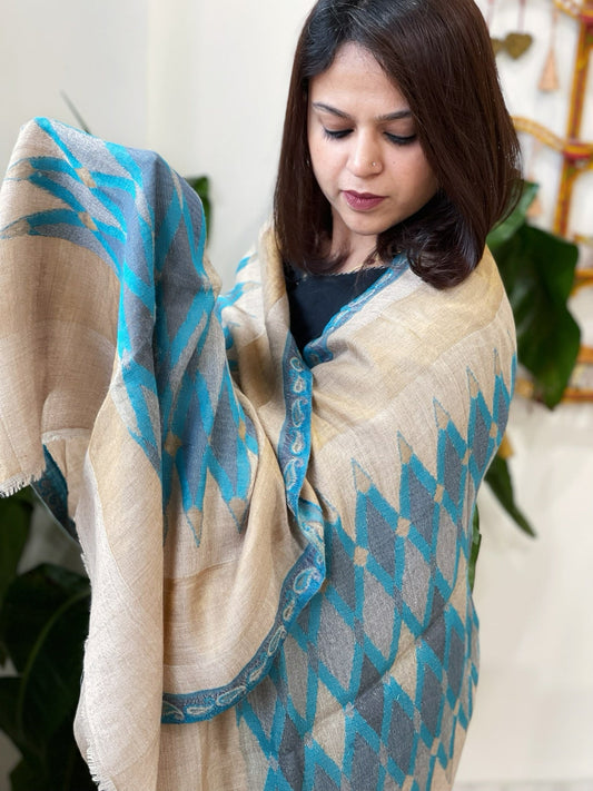 Beige, Blue Woven Ikat Pashmina Stole - Masakalee