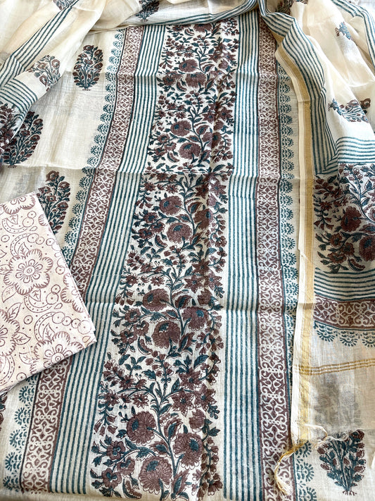 Beige Handblock Printed Suit Set in Mul Cotton - Masakalee