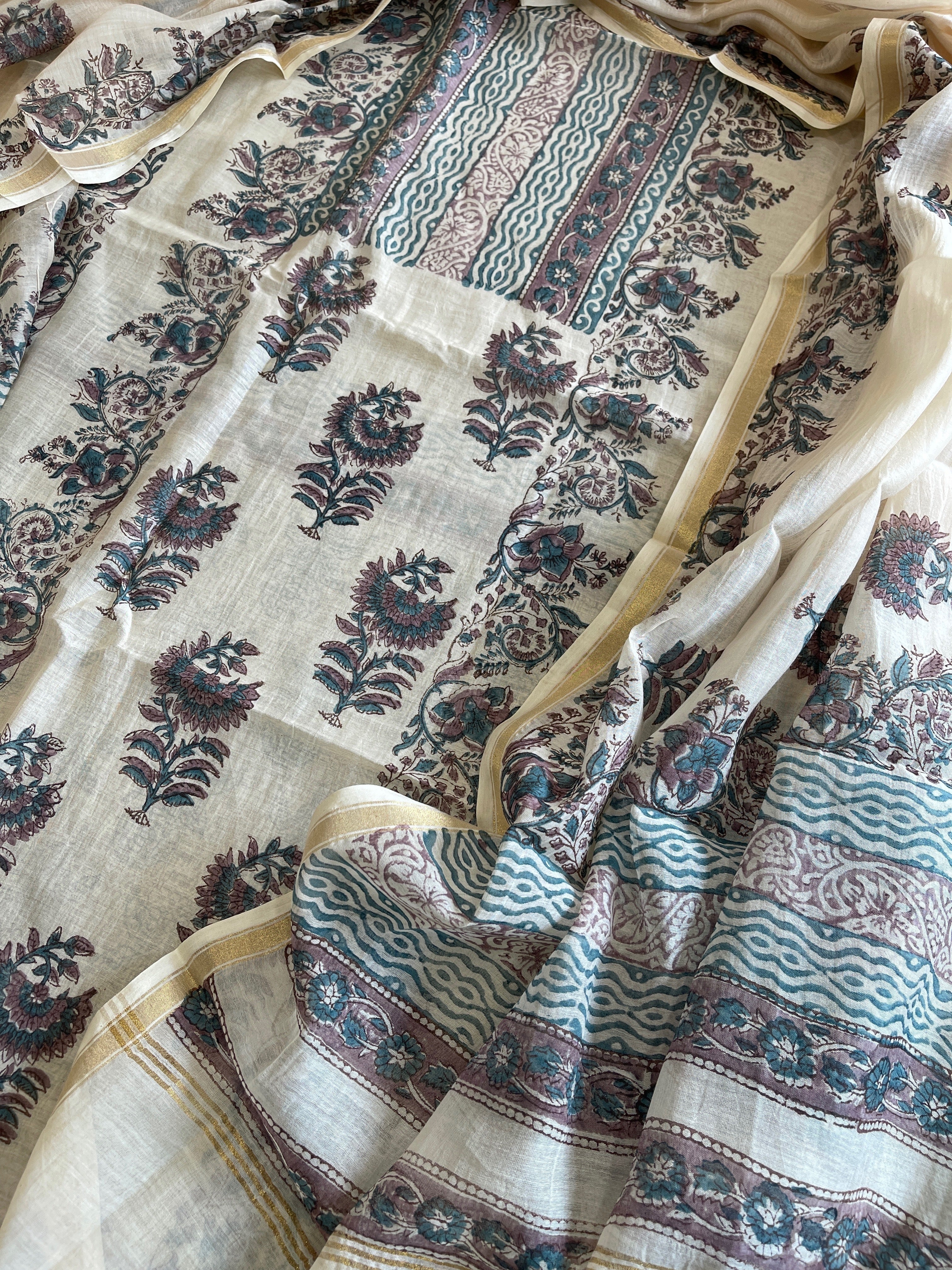 Beige Handblock Printed Suit Set in Mul Cotton - Masakalee