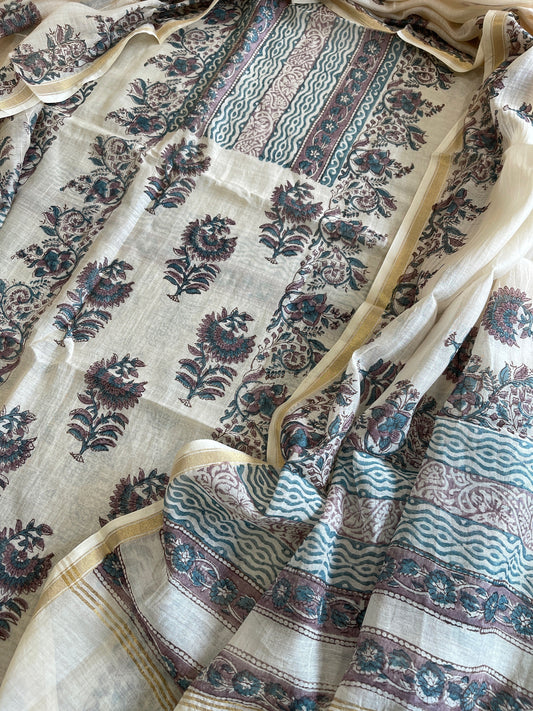 Beige Handblock Printed Suit Set in Mul Cotton - Masakalee