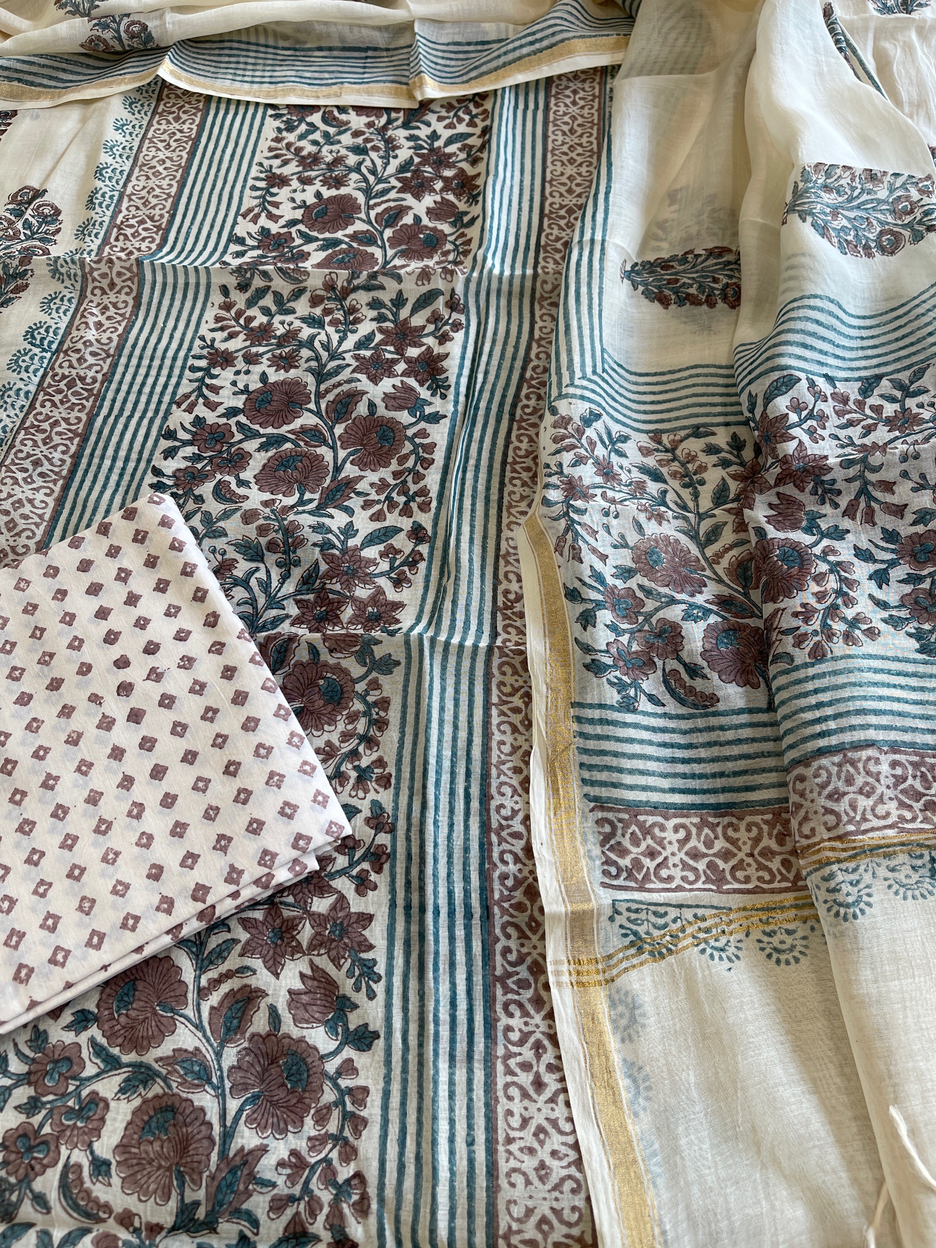 Beige Handblock Printed Suit Set in Mul Cotton - Masakalee
