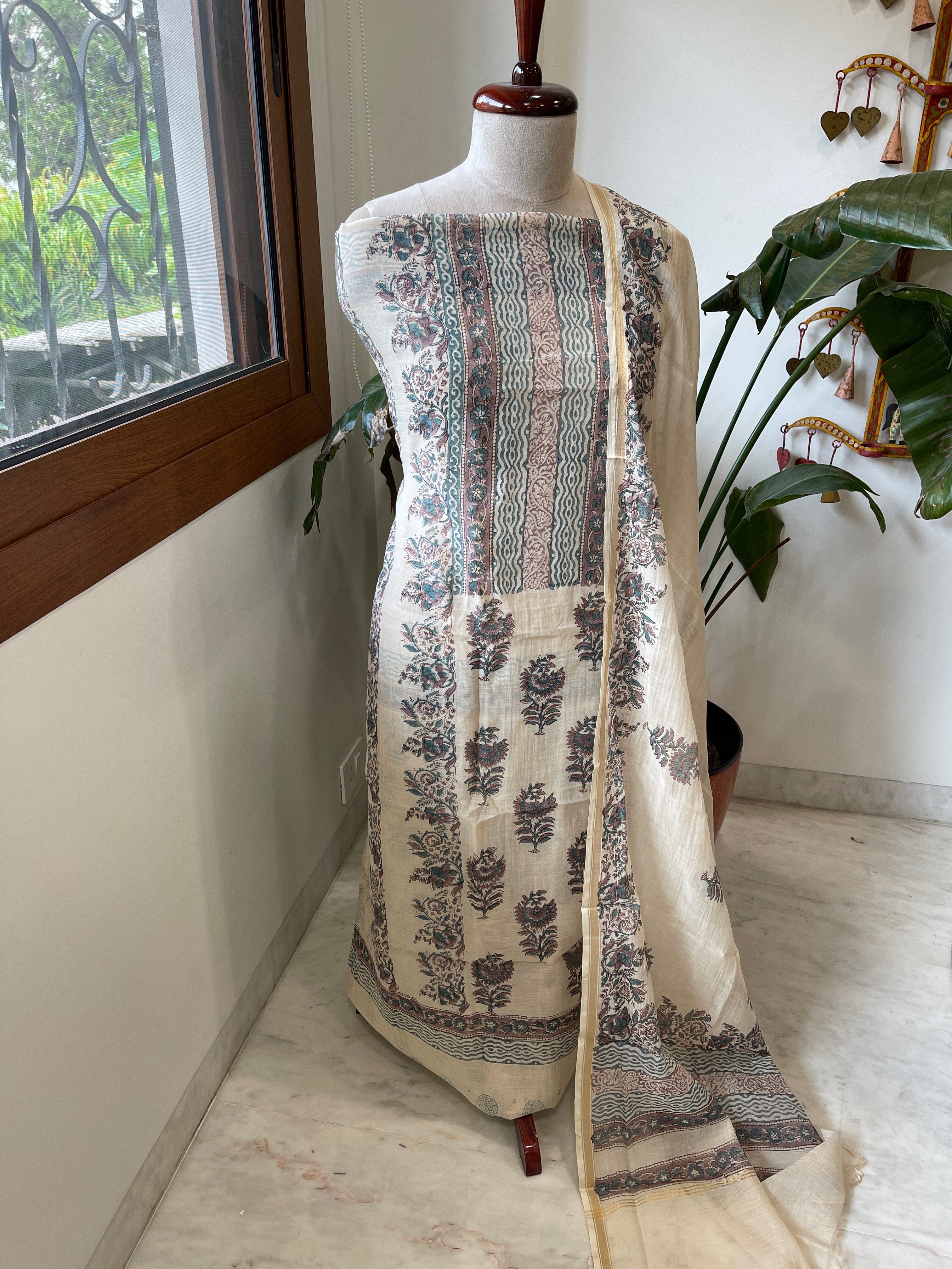 Beige Handblock Printed Suit Set in Mul Cotton - Masakalee