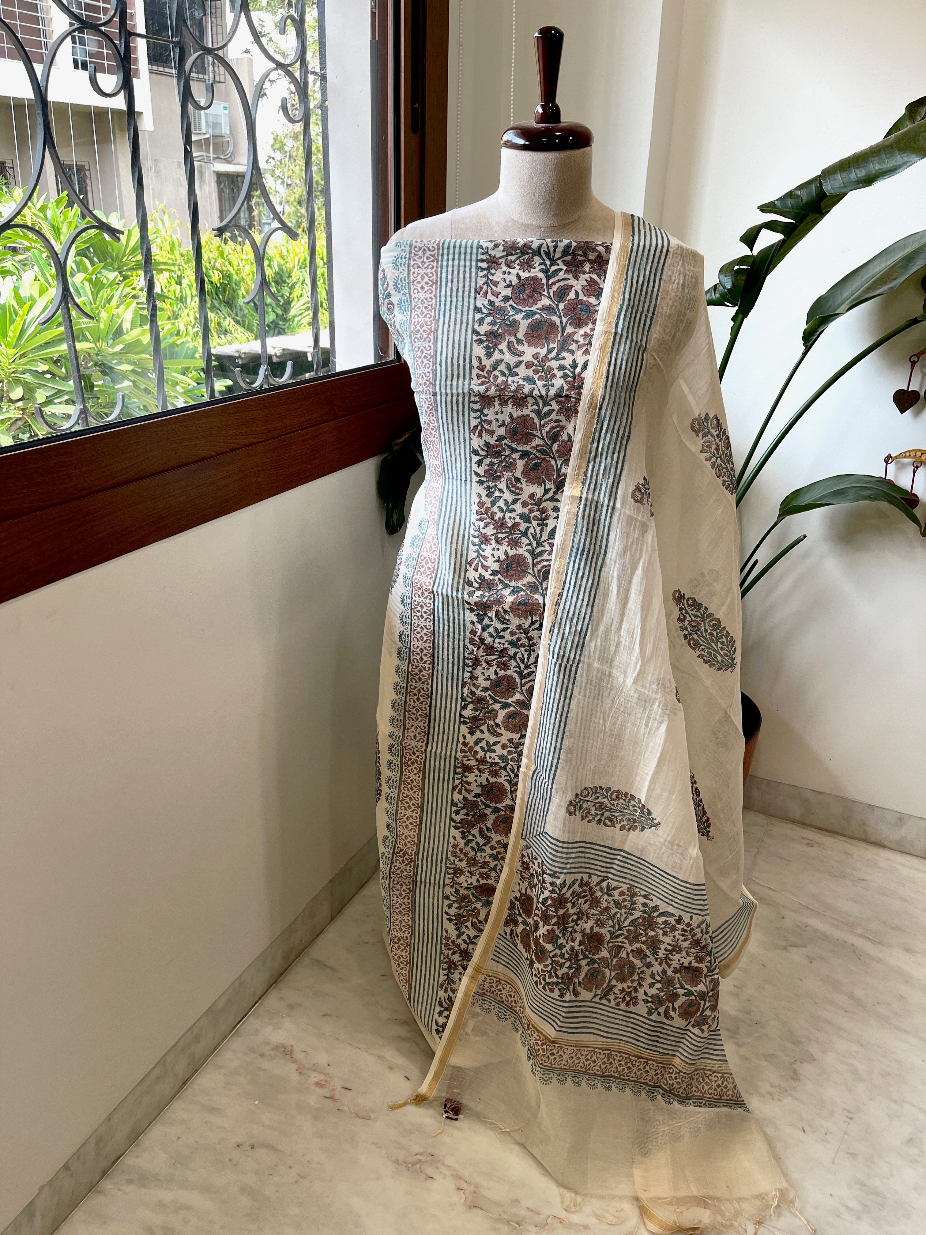 Beige Handblock Printed Suit Set in Mul Cotton - Masakalee