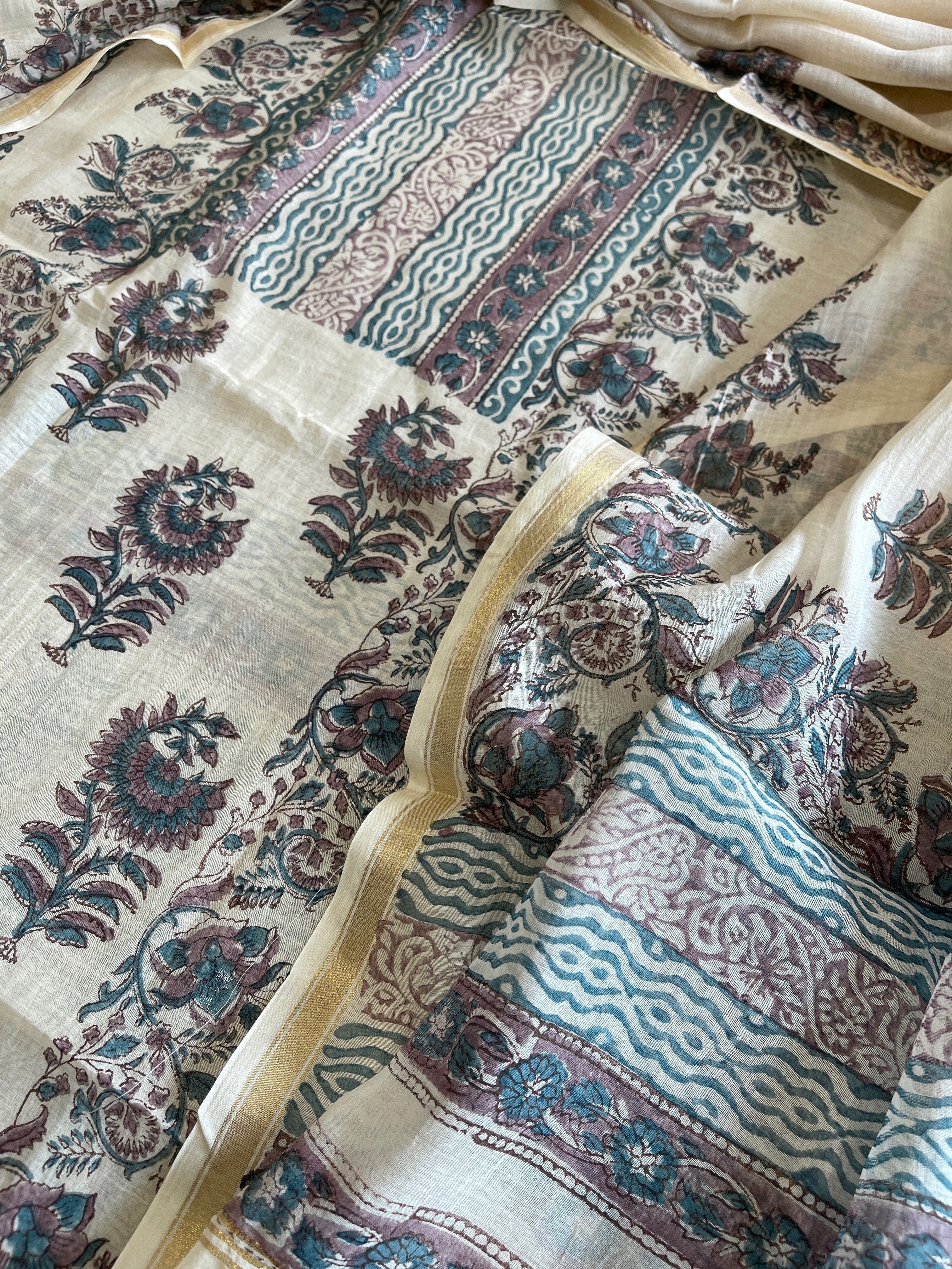 Beige Handblock Printed Suit Set in Mul Cotton - Masakalee