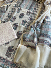Beige Handblock Printed Suit Set in Mul Cotton - Masakalee