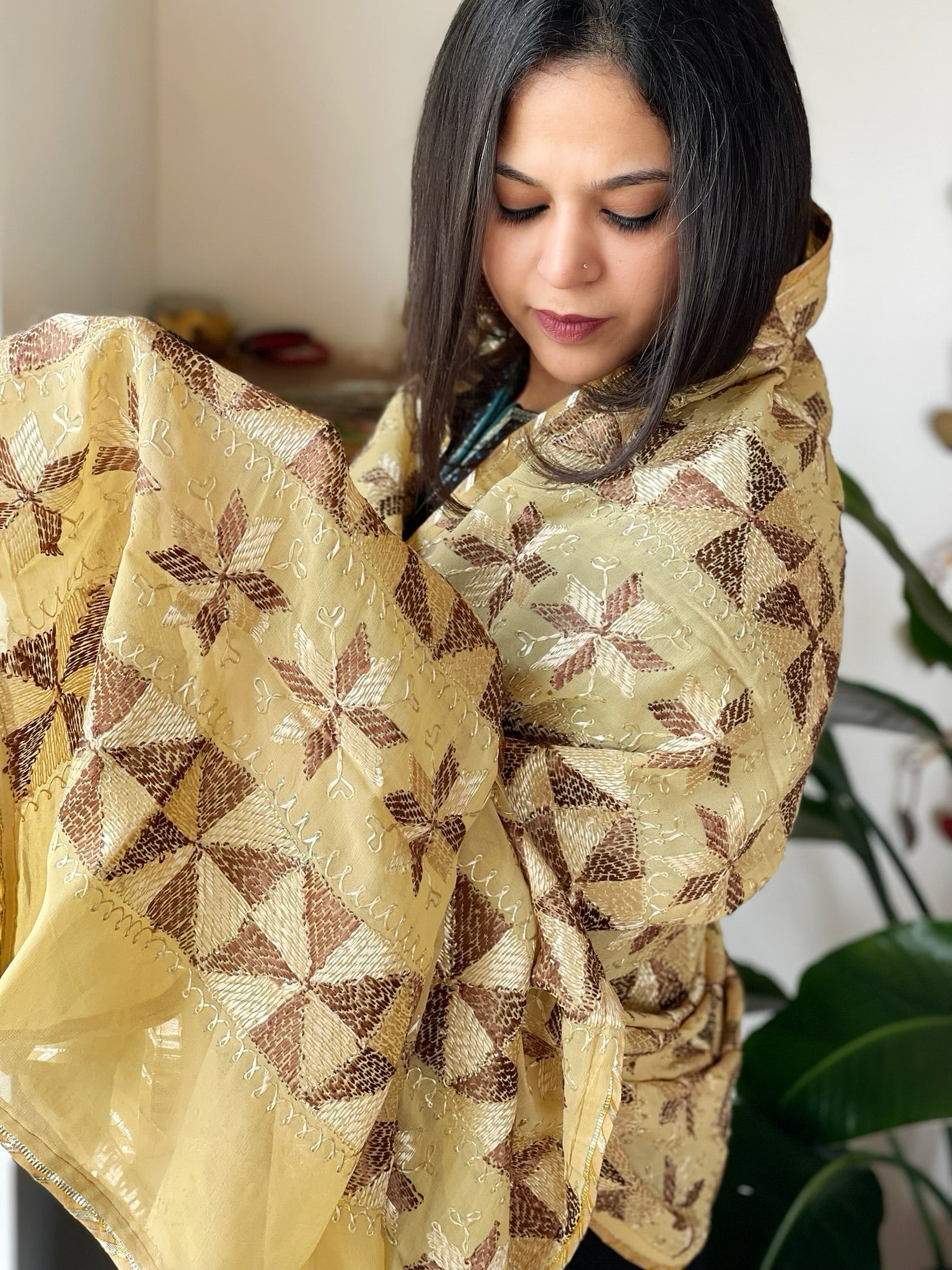 Beige Handmade Desginer Phulkari Dupatta in Pure Chinon - Masakalee