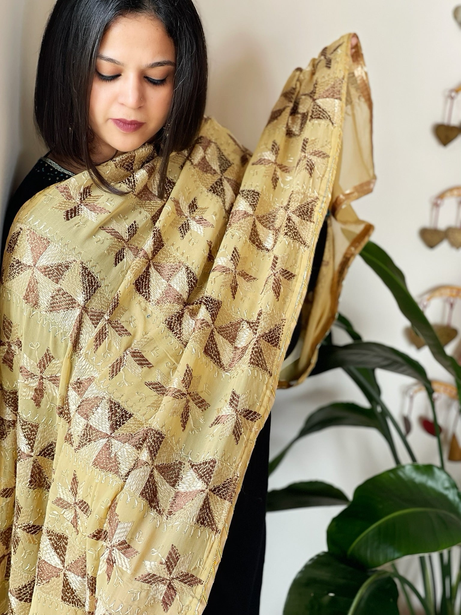 Beige Handmade Desginer Phulkari Dupatta in Pure Chinon - Masakalee