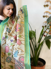Beige Handpainted Kalamkari Dupatta with Thread & Mirror Handwork in Chanderi Silk - Masakalee