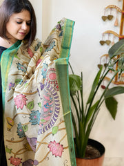 Beige Handpainted Kalamkari Dupatta with Thread & Mirror Handwork in Chanderi Silk - Masakalee