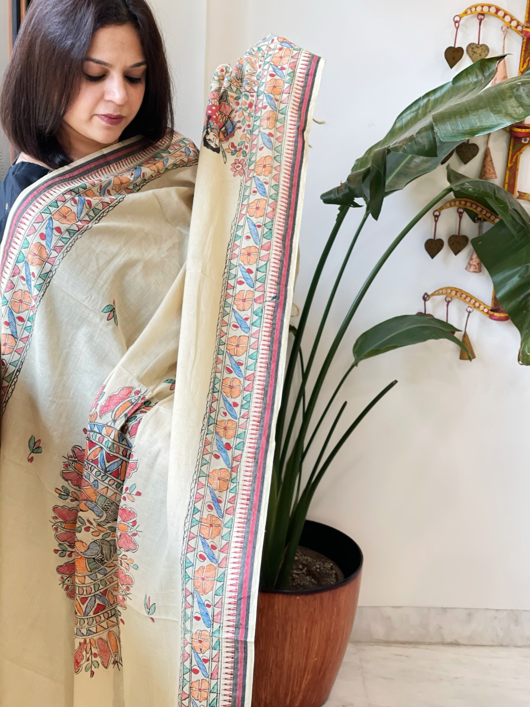 Beige Handpainted Madhubani Dupatta in Pure Cotton - Masakalee