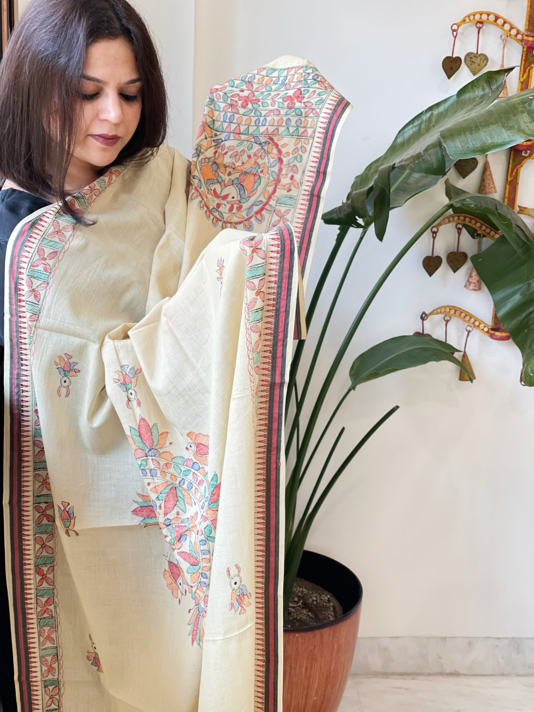 Beige Handpainted Madhubani Dupatta in Pure Cotton - Masakalee