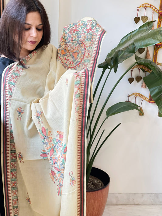 Beige Handpainted Madhubani Dupatta in Pure Cotton - Masakalee
