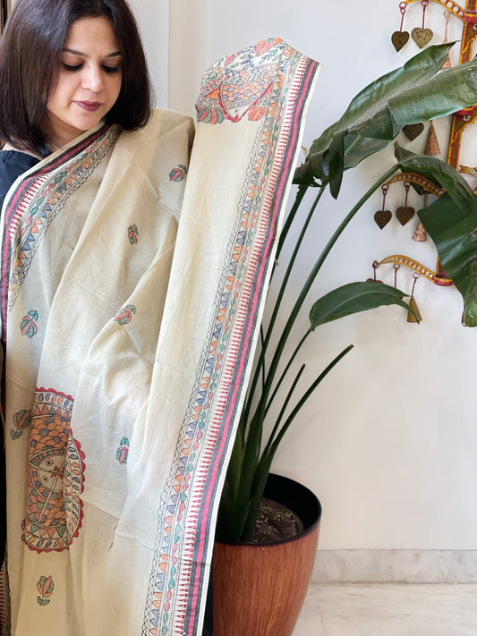 Beige Handpainted Madhubani Dupatta in Pure Cotton - Masakalee