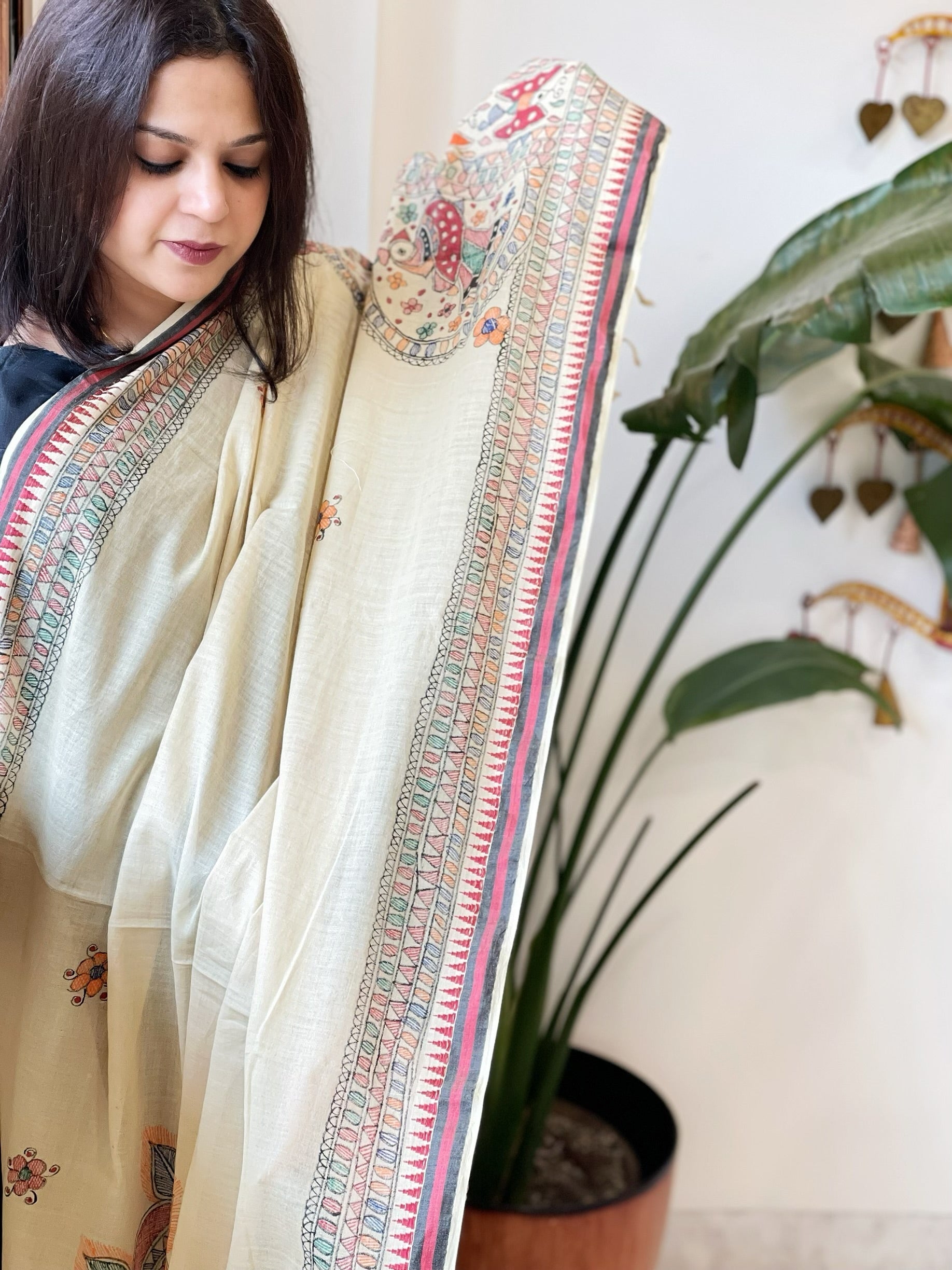 Beige Handpainted Madhubani Dupatta in Pure Cotton - Masakalee