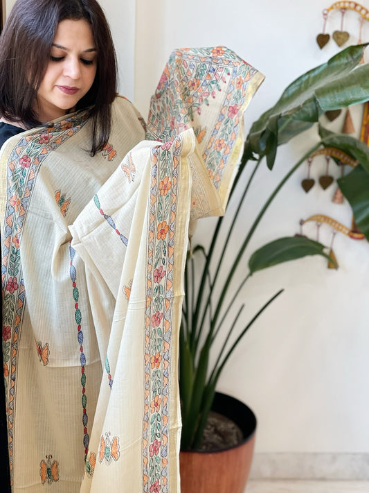 Beige Handpainted Madhubani Dupatta in Pure Cotton - Masakalee