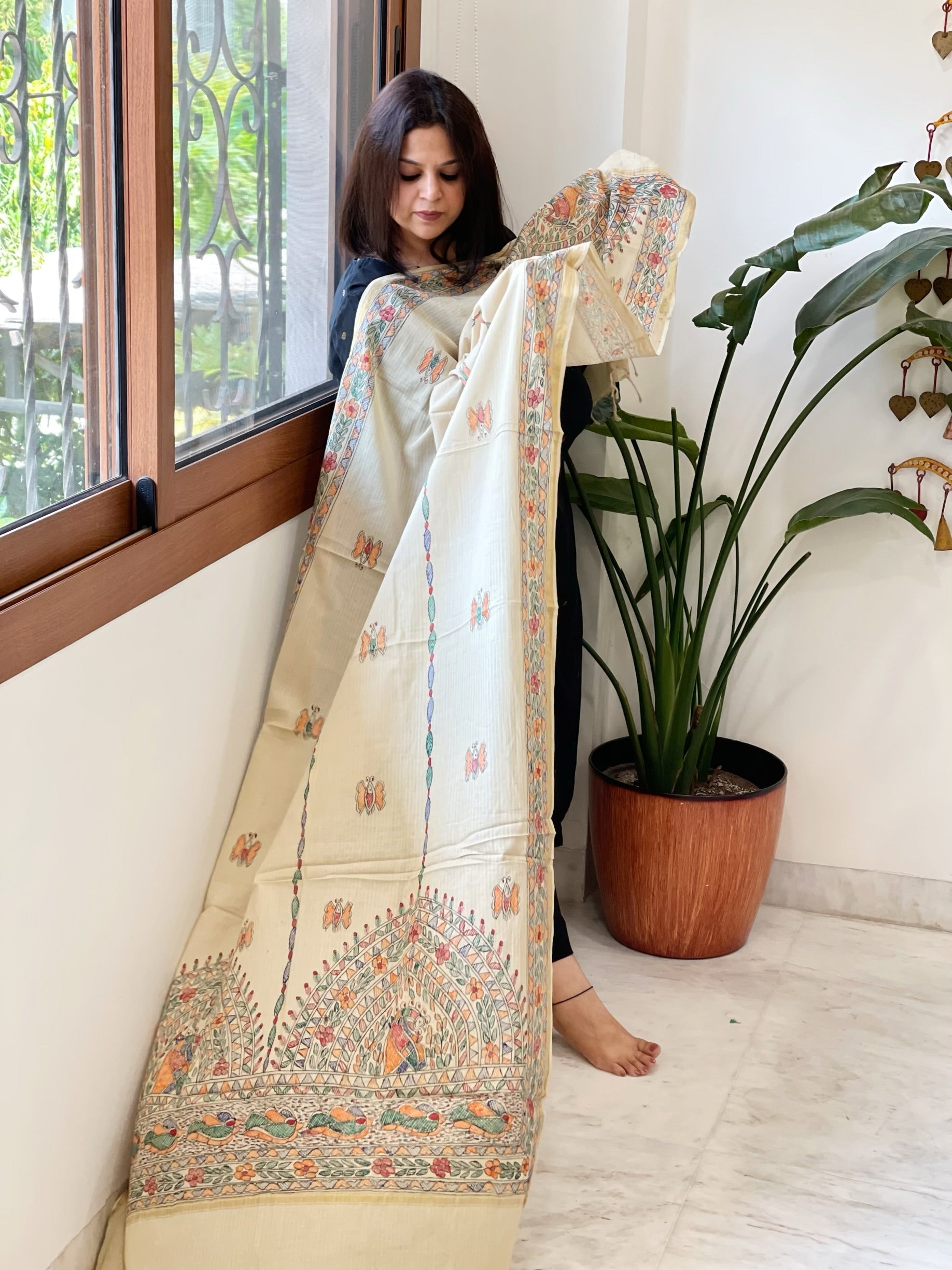 Beige Handpainted Madhubani Dupatta in Pure Cotton - Masakalee