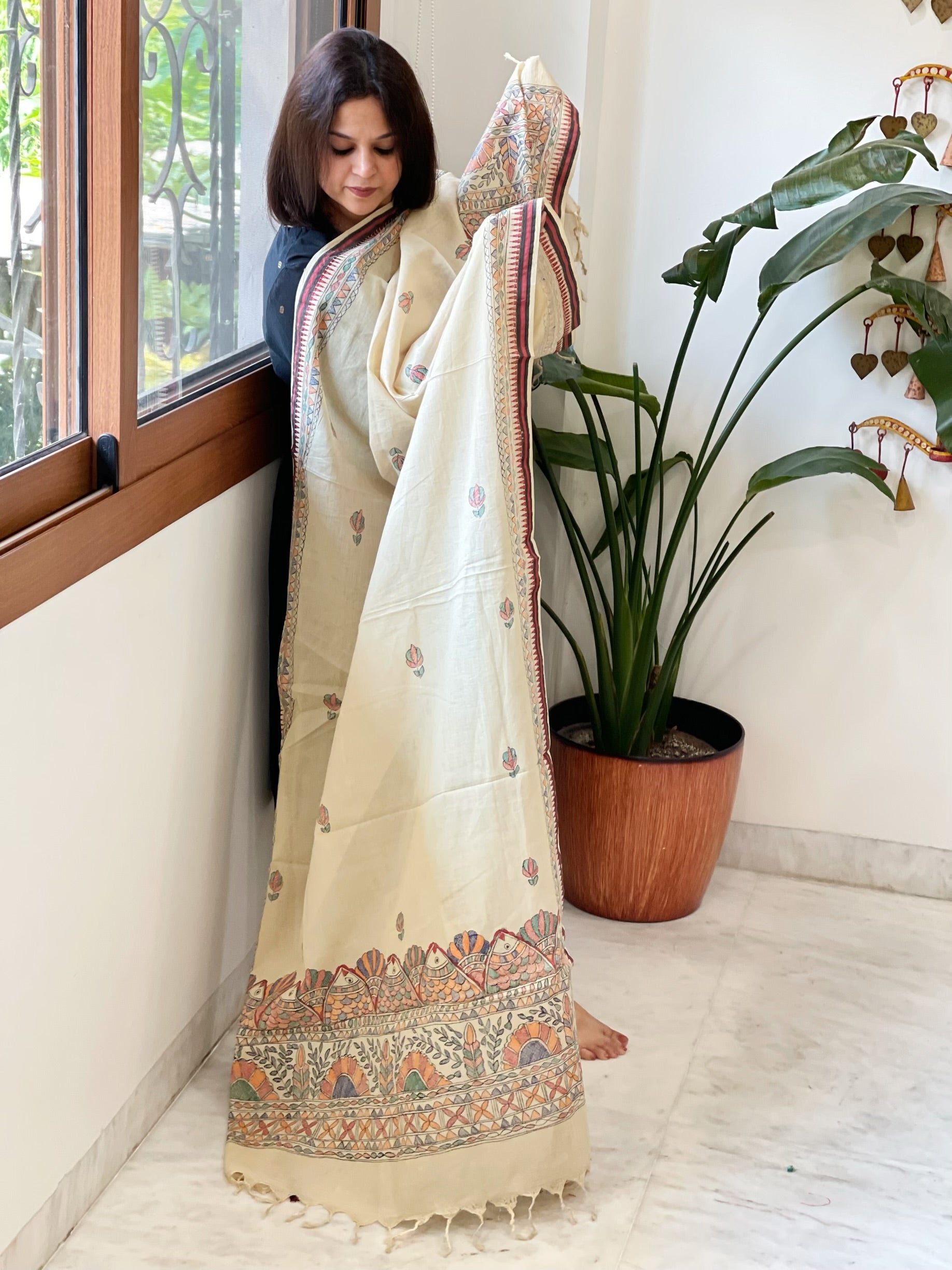 Beige Handpainted Madhubani Dupatta in Pure Cotton - Masakalee